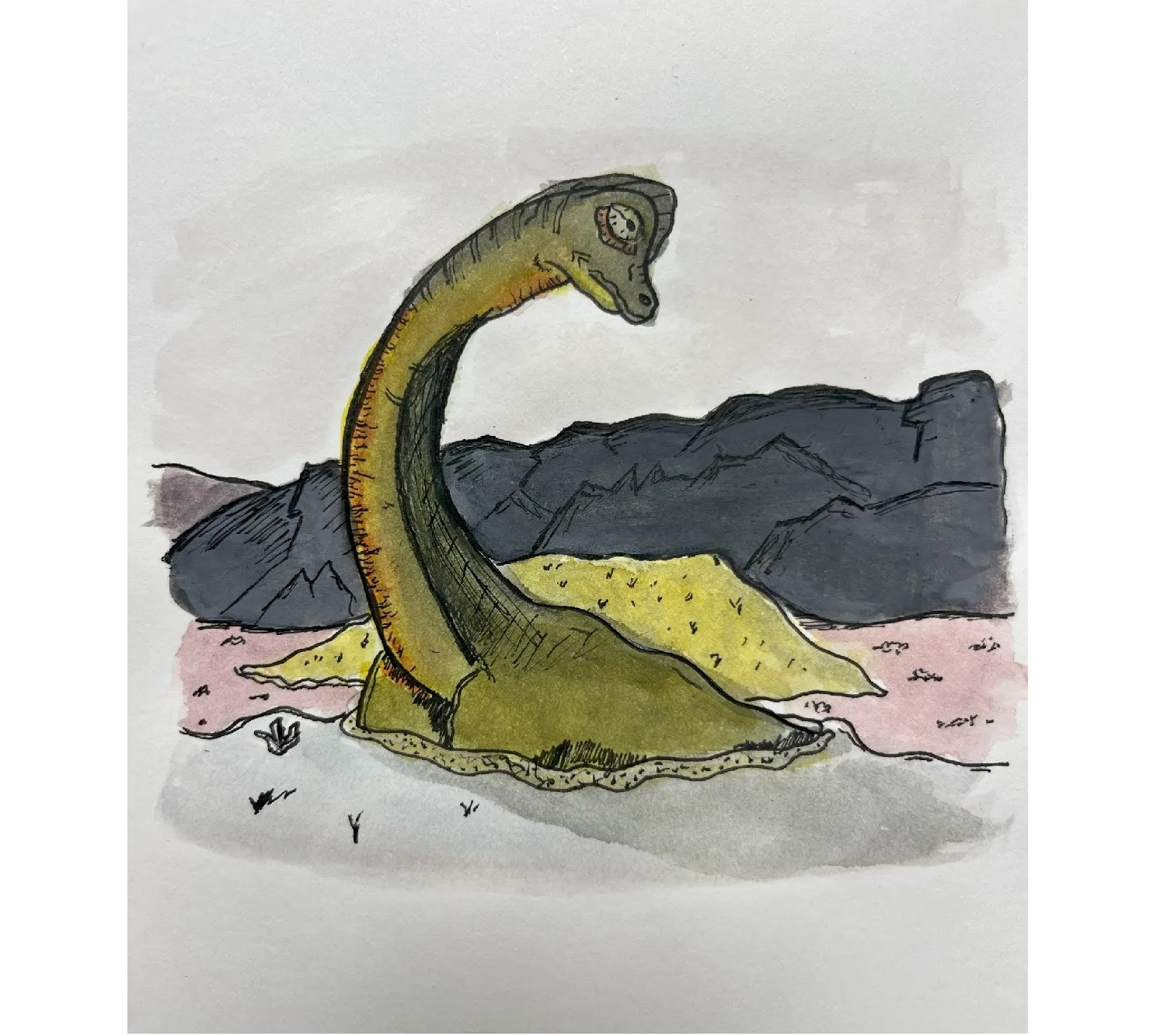 A hand-drawn watercolor illustration of Nessie, the Loch Ness Monster, with a curious expression, emerging from pink-hued water against a backdrop of yellow hills and dark, jagged mountains.